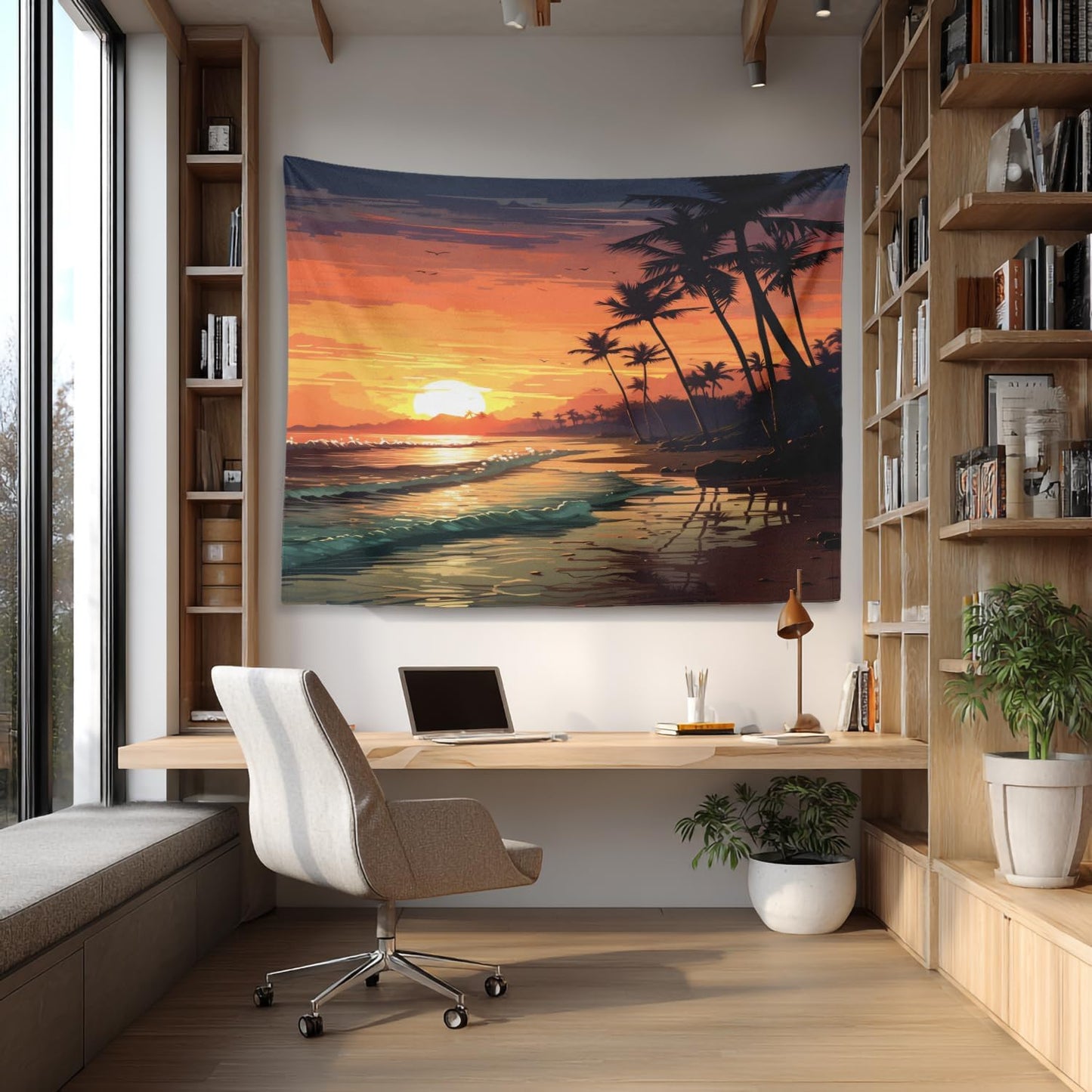 Shrahala Sunset Beach Wall Tapestry, Tropical Seaside Scene Wall Hanging Large Tapestry Decoration Polyester Fiber White Hem Around For Dorm Room Bedroom 59.1 X 82.7 In