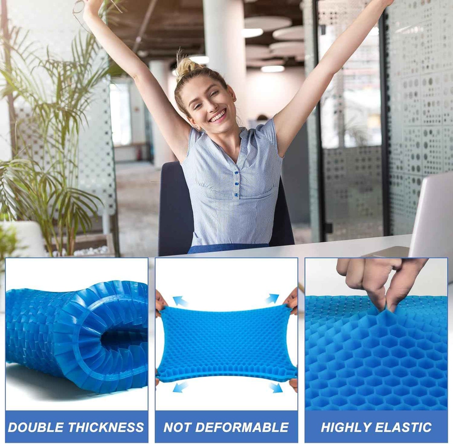 Gel Seat Cushion for Long Sitting-Two Sizes Gel Cushion(Thick＆Large)19"x17.5"x2.8"/38"x17.5"x1.4"(Fold/Expand), Pressure Relief Cushion for Office Chair, Egg Cushions for Wheelchair, Gel Pad for Car