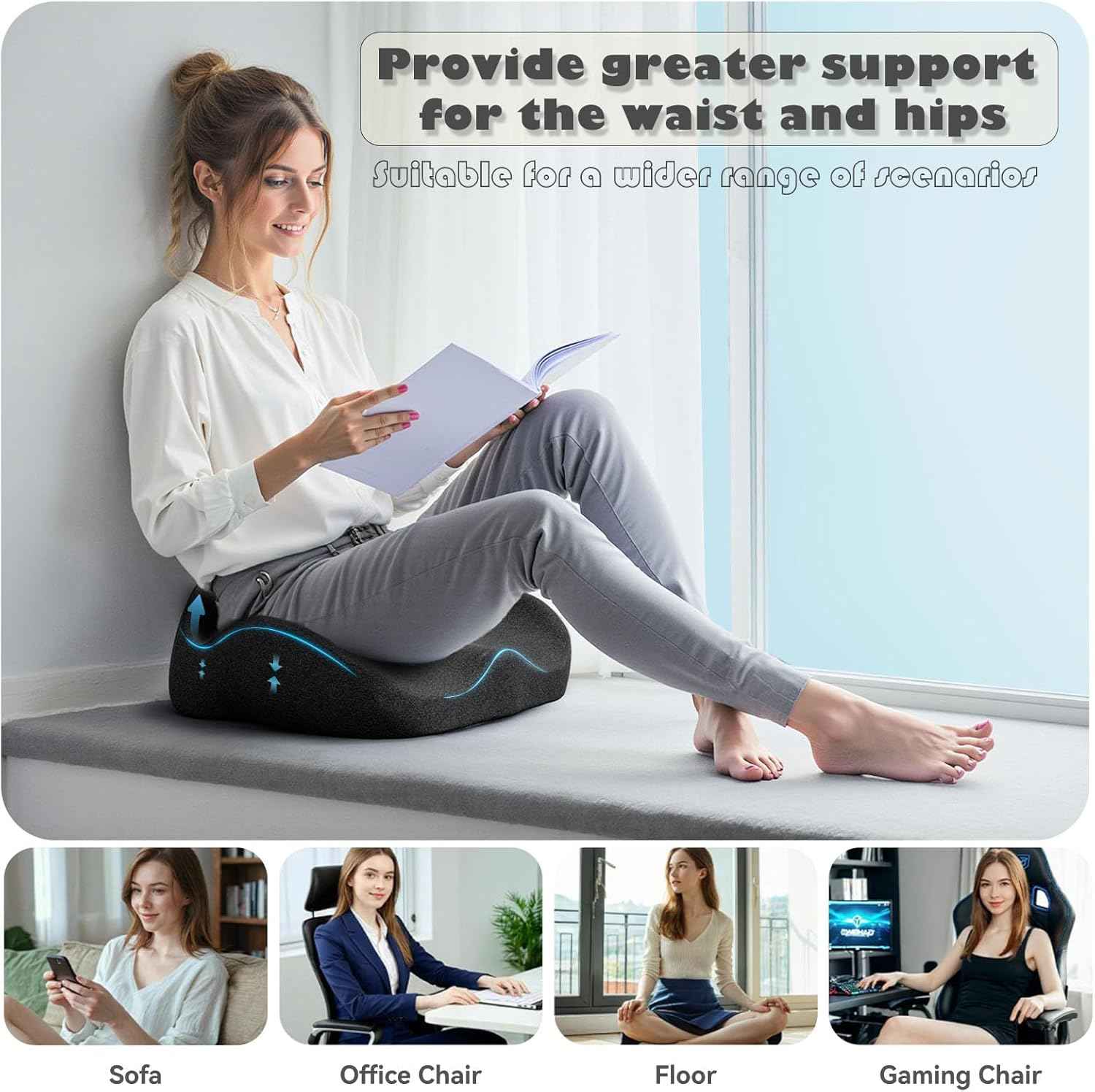 CXC Seat Cushions for Office Chairs, Ergonomic Memory Foam Cushion for Long Sitting, Breathable Desk Chair Pad for Home Office, Non-Slip Support for Hip & Lower Back Comfort (Dark Gray, Modal Fabric)