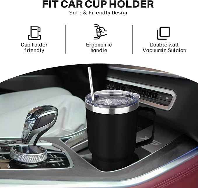 30 oz Stainless Steel Insulated Tumbler with Handle, Lid and Straw, Double Wall Vacuum Insulated Coffee Mug Tumbler, Insulated Coffee Thermal Cup for Cold and Hot (Black)