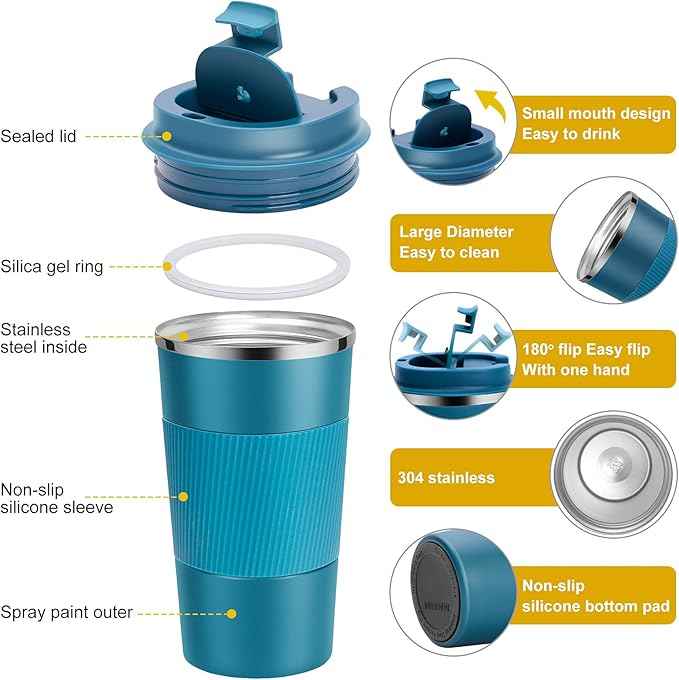 YINJAM 17oz Travel Coffee Mug Insulated Coffee Cups to Go with Leakproof Lid Vacuum Stainless Steel Double Walled Thermal Car Coffee Tumbler for Hot Cold Ice Tea Drinks Reusable (Blue, 17oz)
