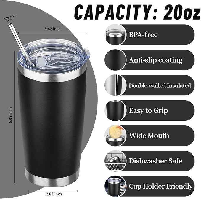 20 oz Tumbler with Lids and Straws, Stainless Steel Insulated Travel Coffee Mug, Double Wall Vacuum Insulated Tumblers, Powder Coated Coffee Tumbler for Cold & Hot Drinks (Mix Color-3)