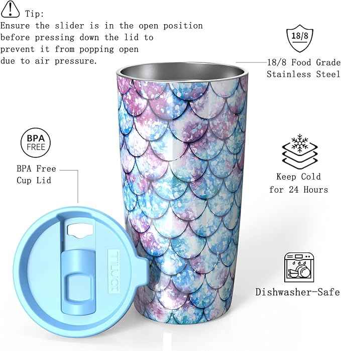 TILUCK 20 oz Insulated Tumbler with BPA-Free Lid, Stainless Steel Vacuum Travel Coffee Mug, Double Wall Coffee Tumbler（20oz，FishScales）