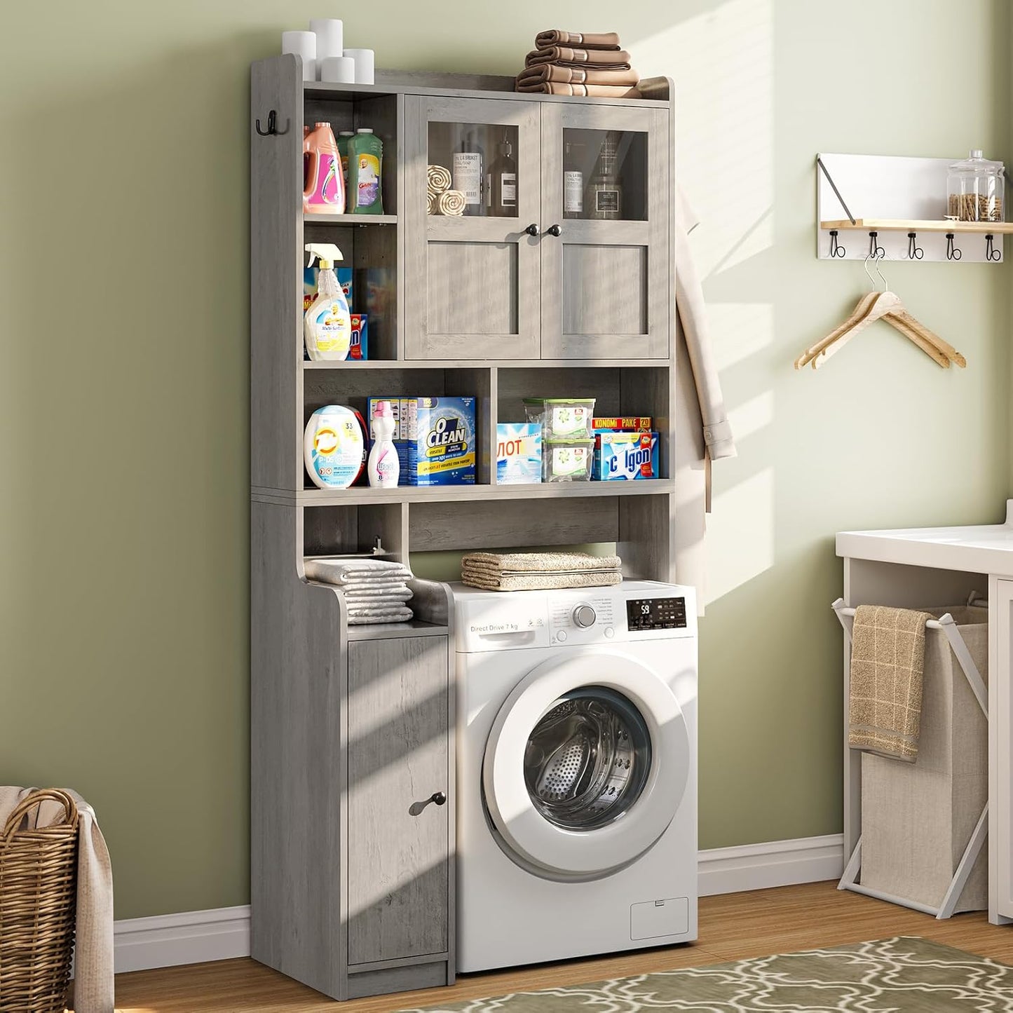 Itaar Over The Toilet Storage Cabinet, Over Toilet Bathroom Organizer with Glass Doors & Toilet Paper Holder Stand, Home Space-Saving Toilet Rack, for Bathroom, Restroom, Laundry, Grey - Lumora Casa
