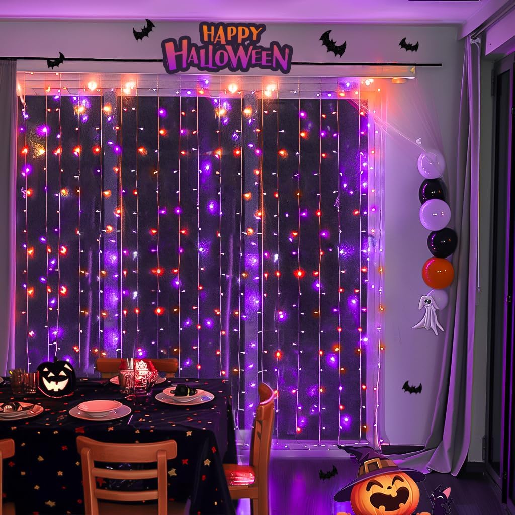 JMEXSUSS 300LED Orange and Purple Halloween Curtain Lights with Remote, 9.8x9.8ft Window Twinkle Hanging String Lights Plug in, Halloween Lights for Bedroom Wall Party Backdrop Indoor Outdoor Decor