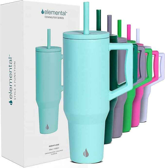 Elemental 40oz Tumbler with Handle and Straw - Spill Proof Insulated Stainless Steel Commuter for Cold Beverages - Travel Coffee Mug with 2 Straws & Spill Proof Lid - 40 oz - Robin's Egg
