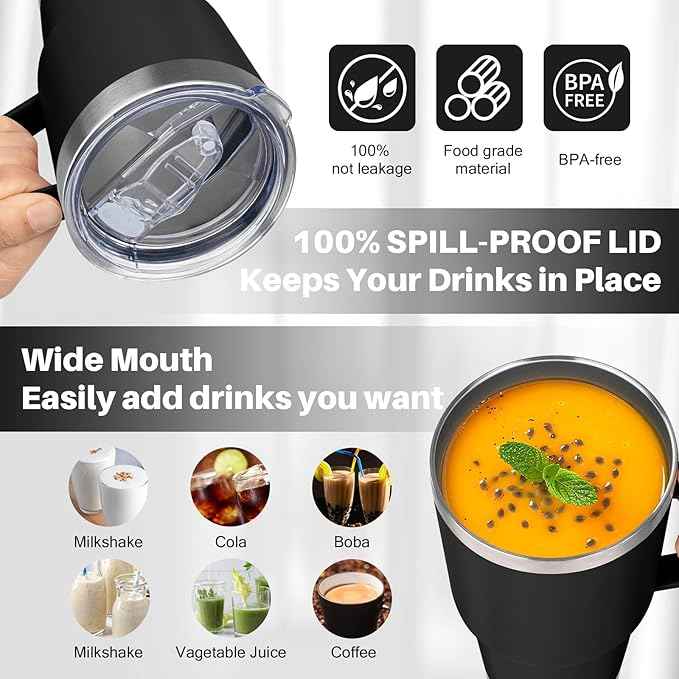 30 oz Stainless Steel Insulated Tumbler with Handle, Lid and Straw, Double Wall Vacuum Insulated Coffee Mug Tumbler, Insulated Coffee Thermal Cup for Cold and Hot (Black)