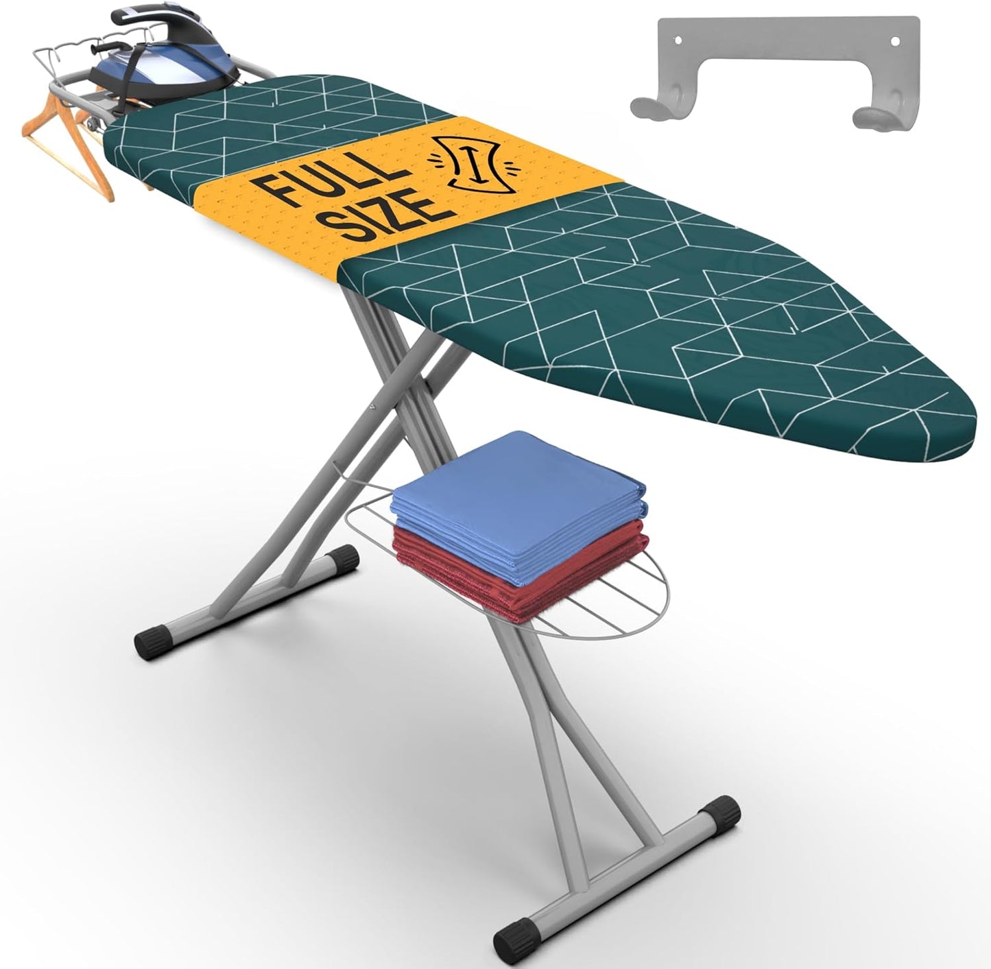 Xabitat Full Size Ironing Board 57" X 15" with Wall Mount Hanger, Full Metal Construction Iron Board, Built in Iron Caddy, Heat & Scorch Resistant Fabric, Cord Holder, Anti-Skid Feet, Heavy Duty