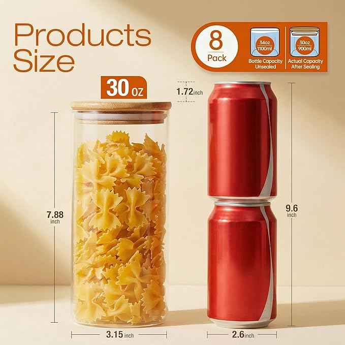 HomArtist Glass Jars with Bamboo Lids 28 floz [Set of 8], Glass Canisters with Airtight Lids, Glass Food Storage Containers for Pasta, Oats, Coffee, Flour, Sugar, Rice, Best for Kitchen & Pantry