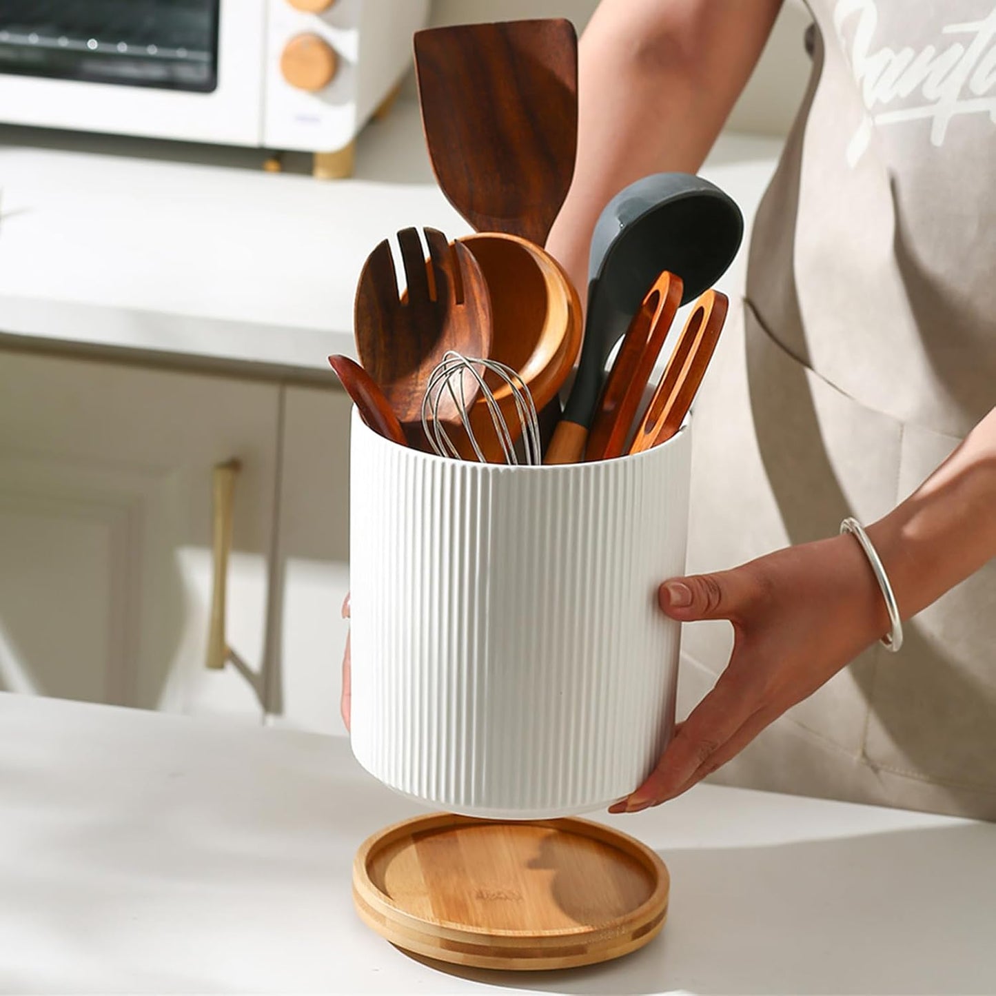 360° Rotating Utensil Holder for Kitchen Countertop, 7.76" Kitchen Utensil Holder, Rotating Utensil Crock, Extra Large Ceramic Utensil Holder for Kitchen (White)