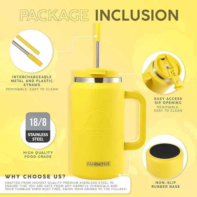 FAHRMOSIS 50 Oz Tumbler with Handle and Straw Large Insulated Tumbler Stainless Steel Travel Mug for Hot & Cold Drinks, Reusable Water Bottle with Lids and Straw - Yellow