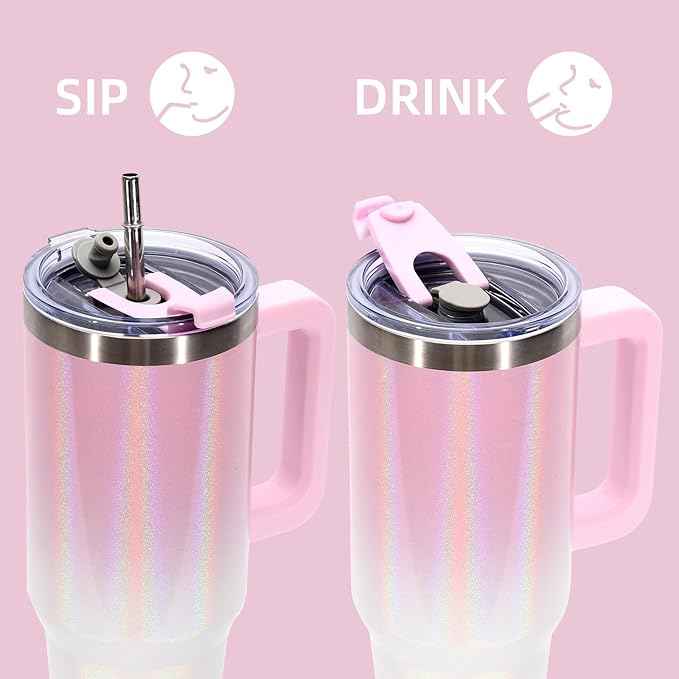 30 oz Shiny Tumbler with Handle and Straw,Stainless Steel Tumbler with Lid and Straw,Insulated Travel Mug(Cold for 34 Hours),Water Bottle for Iced Tea,Coffee (Pink)