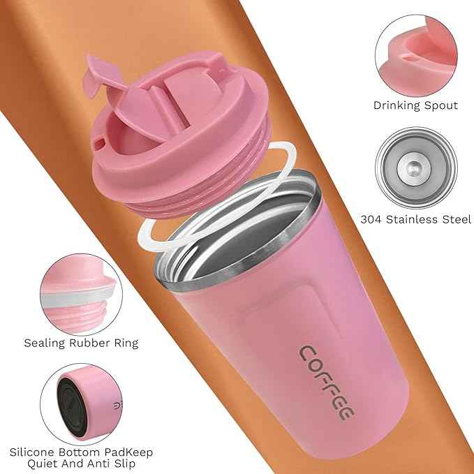 SPLMIFA Travel Coffee Mugs Leak-Proof, Reusable Coffee Cups with Lids, Stainless Steel Vacuum Insulated Coffee Tumblers, Thermal Insulation Cups for Men and Women Hot & Cold Drinks(2nd-Pink, 17OZ)