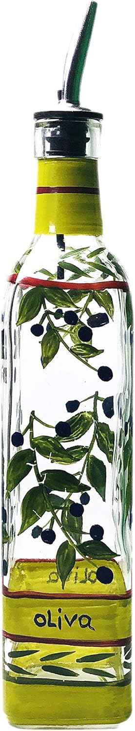 Hand Painted Glass Oliva Branch Oil/Vinegar Glass Cruet for Kitchen, 16 oz Olive Oil Dispenser With Stainless Steel Spout for Easy Pouring