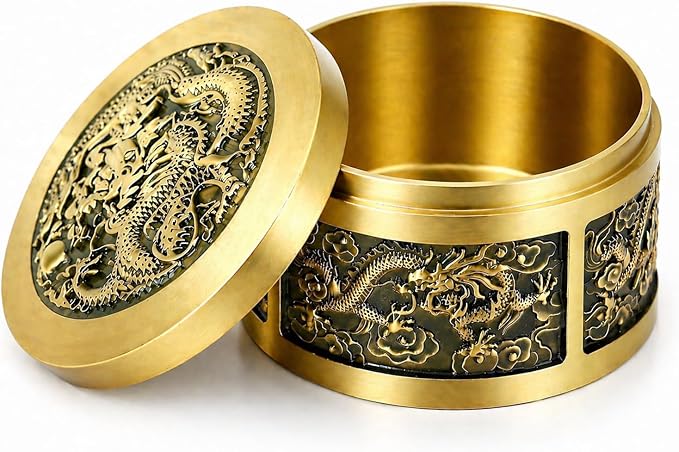 Solid Brass Decorative Bowl with Lid, Gold Metal Key Holder for Entryway Table, Small Catch All Jewelry Box for Rings & Trinkets, Dragon Carving Home Decor Brings Good Fortune