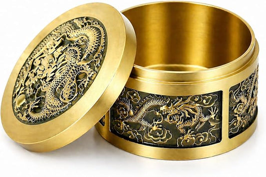Solid Brass Decorative Bowl with Lid, Gold Metal Key Holder for Entryway Table, Small Catch All Jewelry Box for Rings & Trinkets, Dragon Carving Home Decor Brings Good Fortune