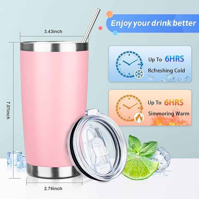 20oz Tumbler with Straw and Brush, Stainless Steel Vacuum Insulated tumbler, Double Wall Insulated Coffee Tumbler for Outdoor, Home, Travel,Office (Light Pink,1pcs)