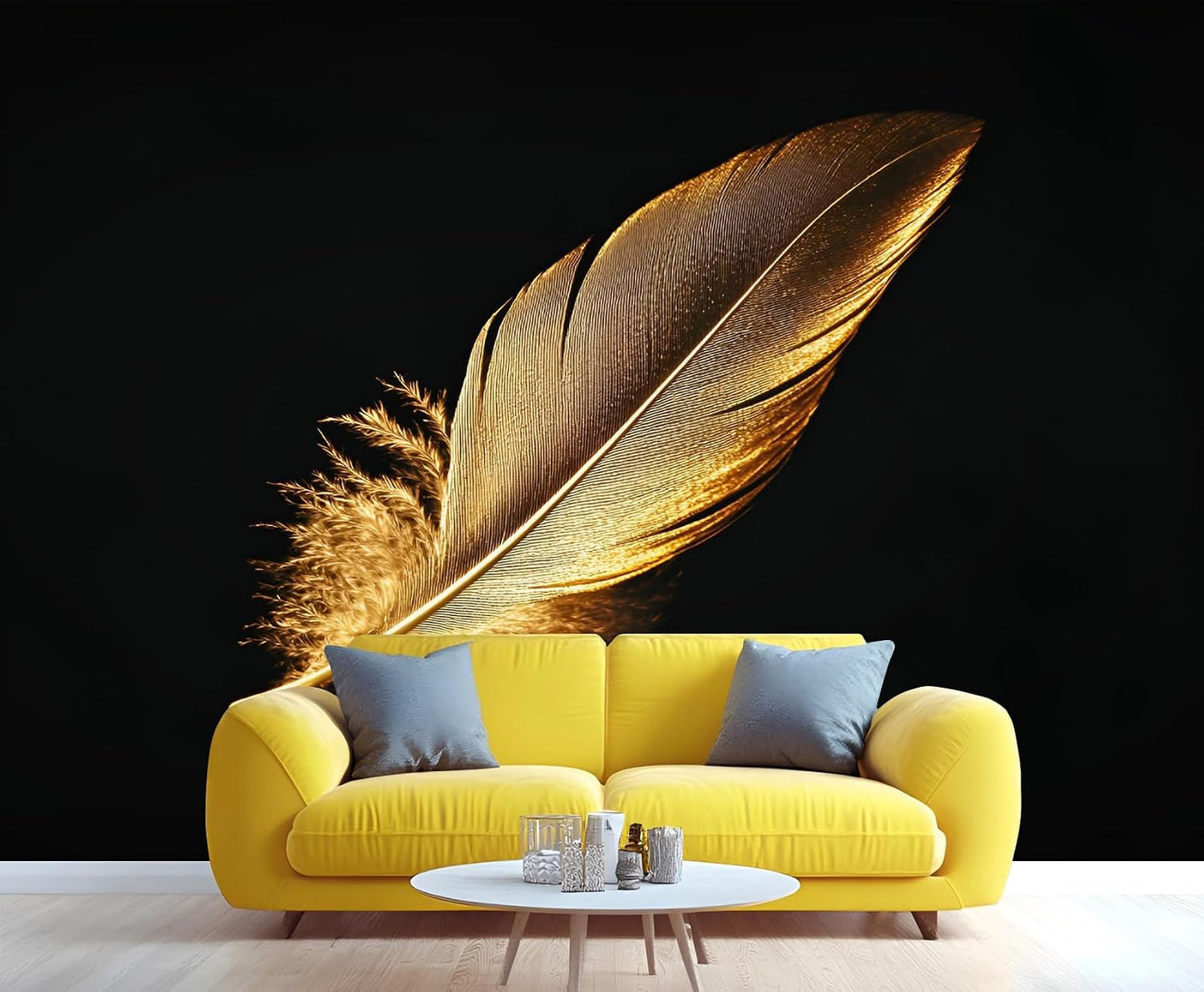 Feather Wallpaper, Golden Feather Mural, Modern Stylish Wall Art Mural Wallpaper for Living Room Bedroom Decor Murals - 157.5" W x 110.3" H (Not Peel Stick)