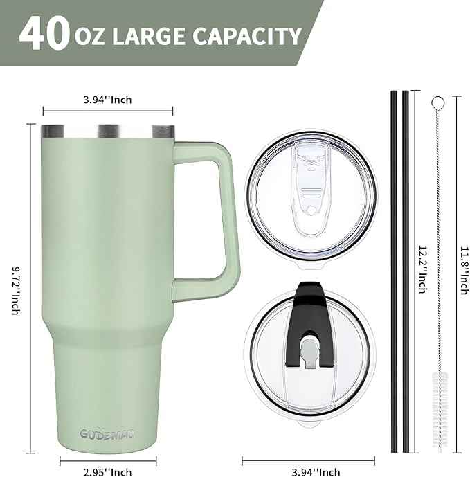 40 oz Tumbler with Handle, Insulated Tumbler with Lid and Straw, Reusable Stainless Steel Vacuum Insulated Cup, 100% Leak Proof Thermal Travel Coffee Mug Cup for Cold and Hot (Green Tea)