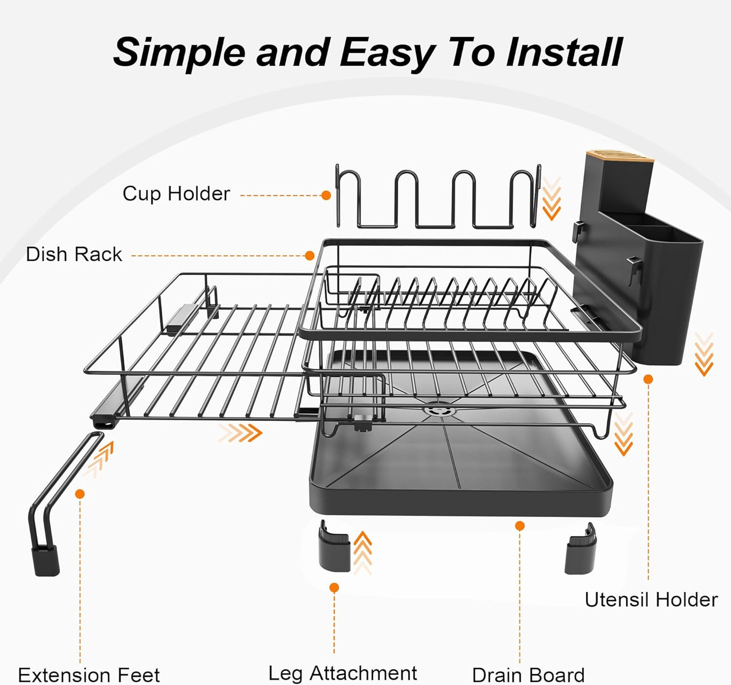 Runnatal Dish Drying Rack - Expandable Dish Rack, Large Drying Dish Drainer Over Sink with Drainboard, Utensil Holder & Cup Holder, Stainless Steel Dish Strainer for Kitchen Counter, Black