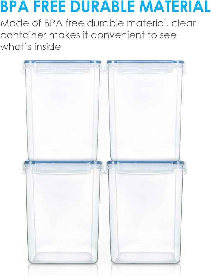 Vtopmart Large Food Storage Containers 5.2L / 175oz, 4 Pieces BPA Free Plastic Airtight Canisters for Flour, Sugar, Baking Supplies, Rice with Lids, 4 Measuring Cups and 24 Labels, Blue