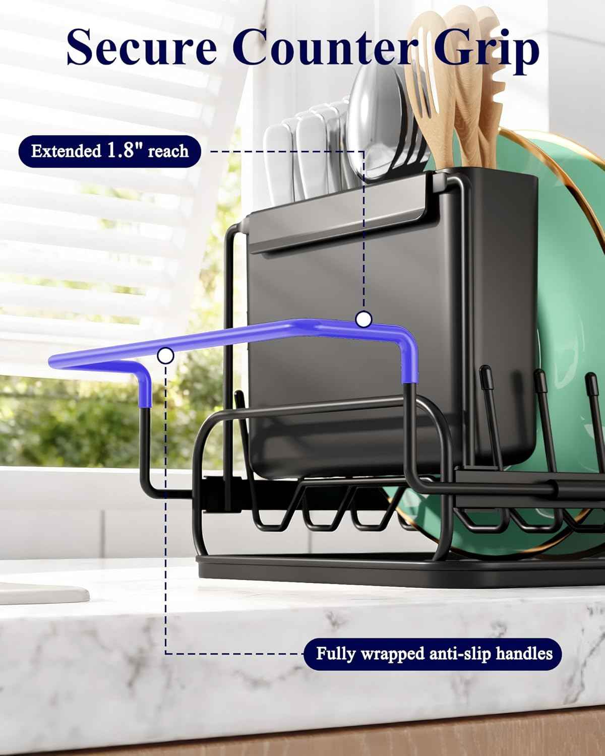 Kitsure Dish Drying Rack - Expandable Dish Rack for Kitchen Counter, Over Sink Or in Sink, Space-Saving Plates Dryer with Cutlery Holder & Drip Tray, 14.0"-20.9" L x 6.3" W x 8.0" H, Black