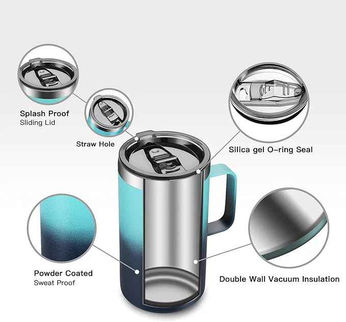 KXIAOCHEN 20oz Insulated Coffee Mug with Lid, Stainless Steel Coffee Cup, Double Wall Vacuum Coffee Tumbler with Handle, Premium Thermal Travel Coffee Mug (Green+navy)