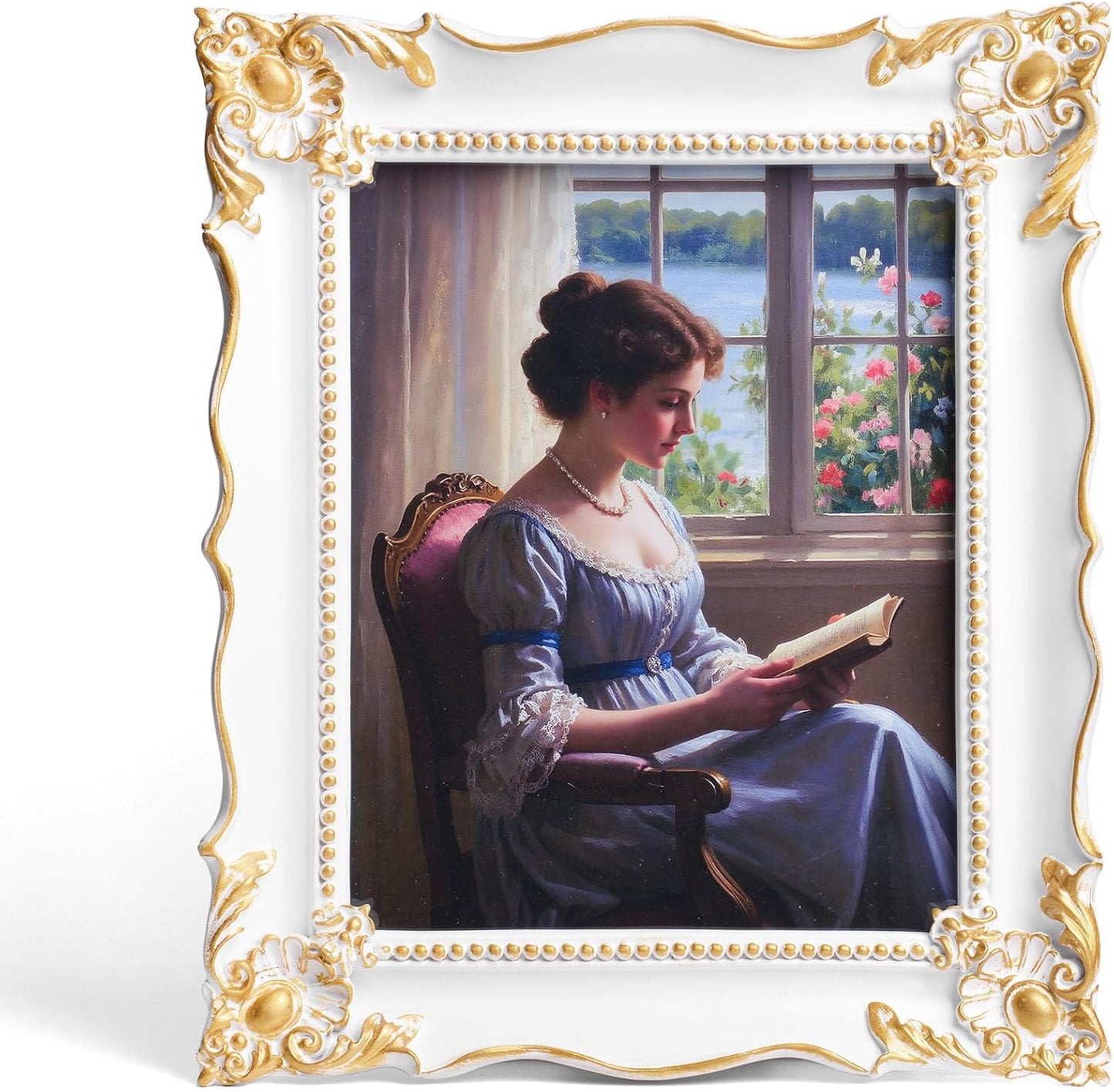 8x10 Vintage Picture Frame with Embossed Flower Design, White Ornate Frame for 8x10 or 5x7 Pictures with White Mat, Hand-Crafted Resin Antique Frames for Tabletop & Wall Hanging, Home Decor (White)