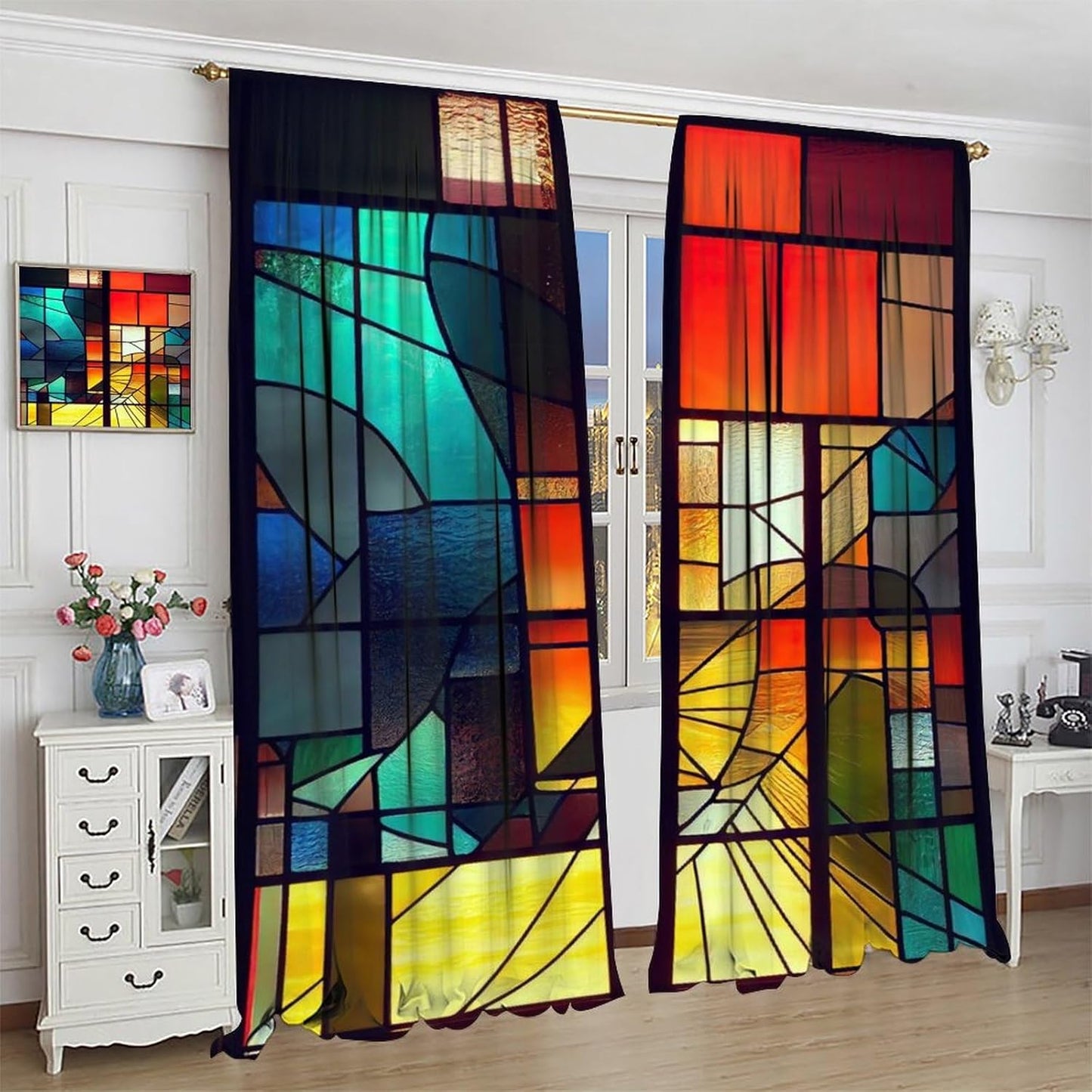 Stained Glass Curtains,Retro Abstract Colorful Geometry Textures Art Home Decor Drapes for Bedroom Living Room Kitchen Window Treatment 2 Panels Set Total Size 55" W X 63" L Inch