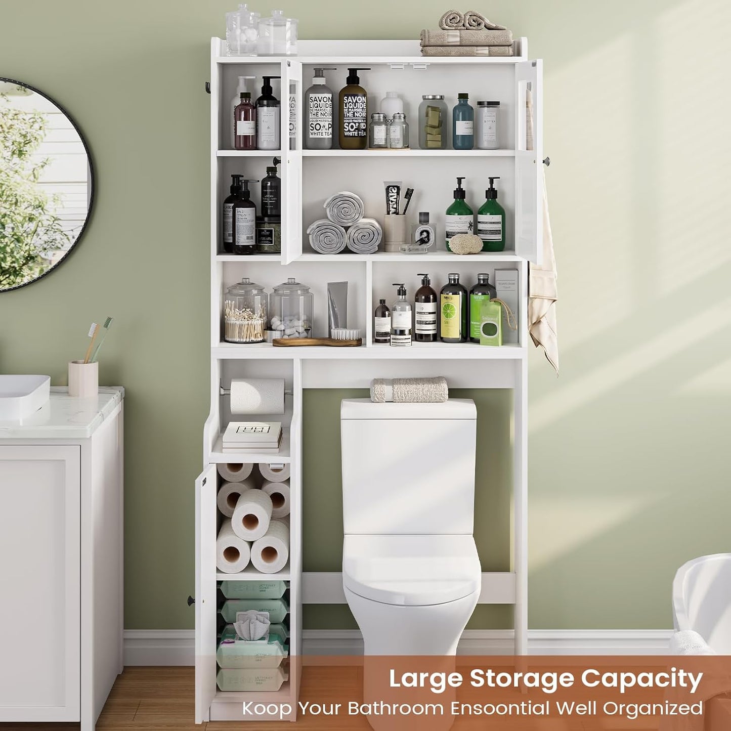 Itaar Over The Toilet Storage Cabinet, Over Toilet Bathroom Organizer with Glass Doors & Toilet Paper Holder Stand, Home Space-Saving Toilet Rack, for Bathroom, Restroom, Laundry(White) - Lumora Casa