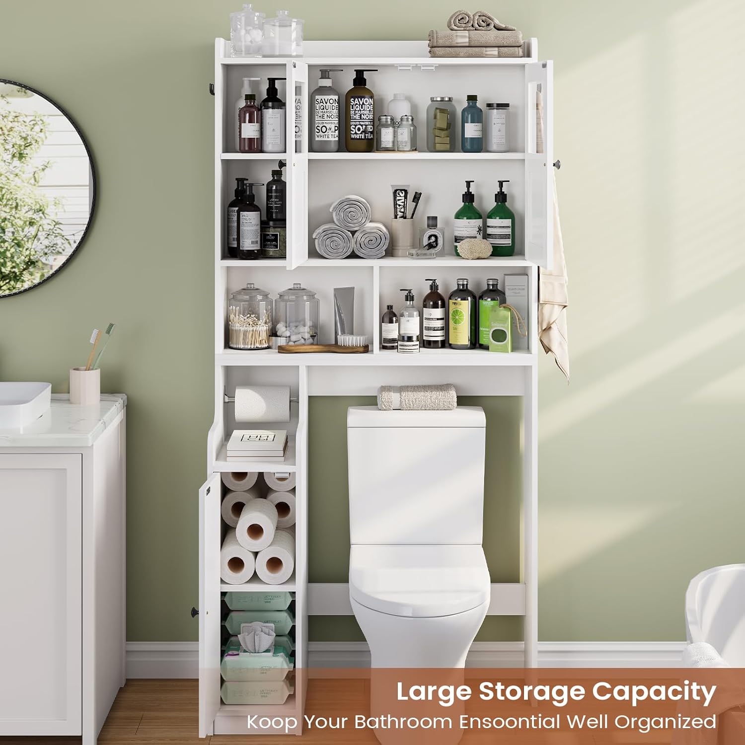 Itaar Over The Toilet Storage Cabinet, Over Toilet Bathroom Organizer with Glass Doors & Toilet Paper Holder Stand, Home Space-Saving Toilet Rack, for Bathroom, Restroom, Laundry(White) - Lumora Casa