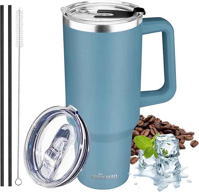 40 oz Tumbler with Handle, Insulated Tumbler with Lid and Straw, Reusable Stainless Steel Vacuum Insulated Cup, 100% Leak Proof Thermal Travel Coffee Mug Cup for Cold and Hot (Maya Blue)