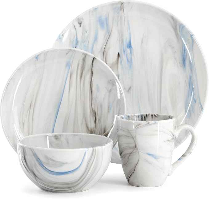 Elama Fine Marble 16 Piece Porcelain Dinnerware Set, Tableware Set, Everyday Dining, Service for 4 (Blue/Gray)