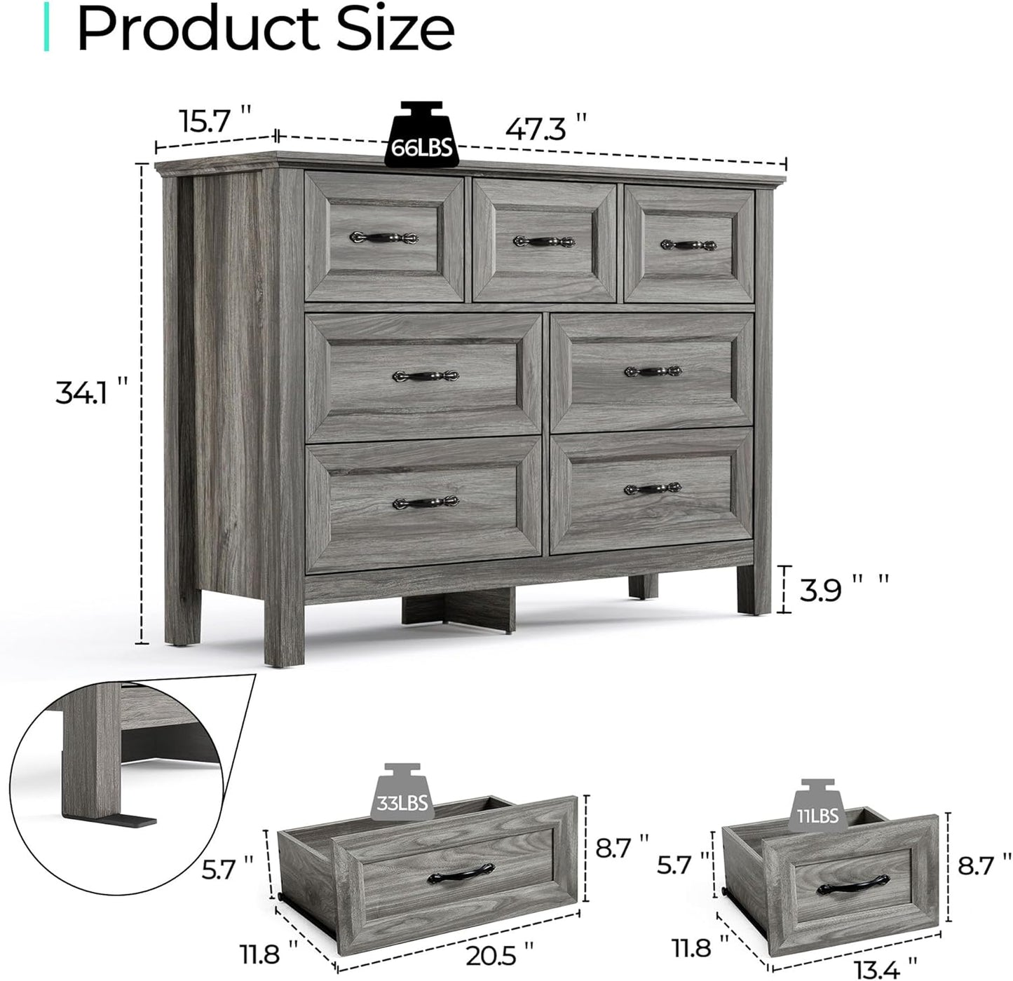 LINSY HOME Farmhouse 7 Drawers Dresser for Bedroom, Wood Chest of Drawers with Metal Handle, Wide Dresser Organizers for Bedroom, Nursery, Closet, Grey