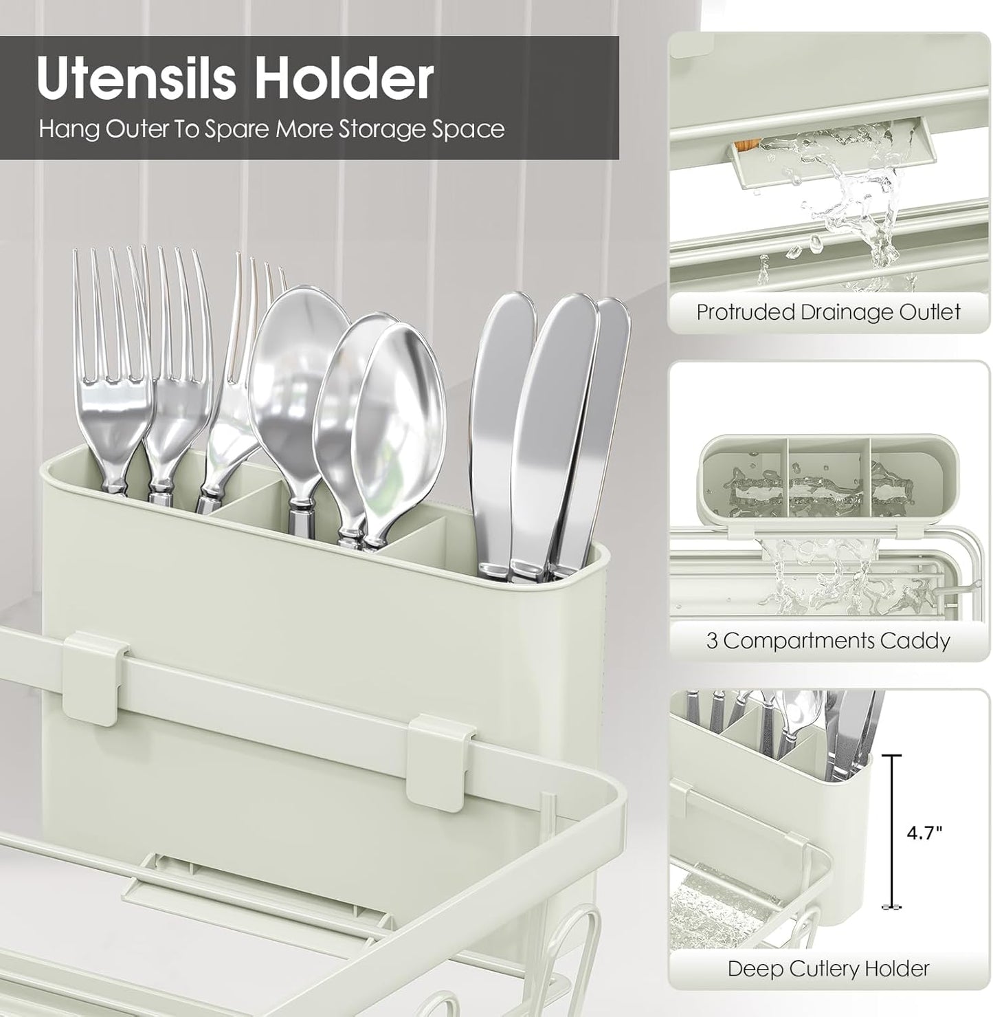 Urackify Dish Drying Rack for Kitchen Counter, Sink Dish Rack with Drainboard, Large Dish Drainer with Cups Holder, Home Countertop Plate Dryer Storage Rack with Cutlery Holder, Soft Celery Green