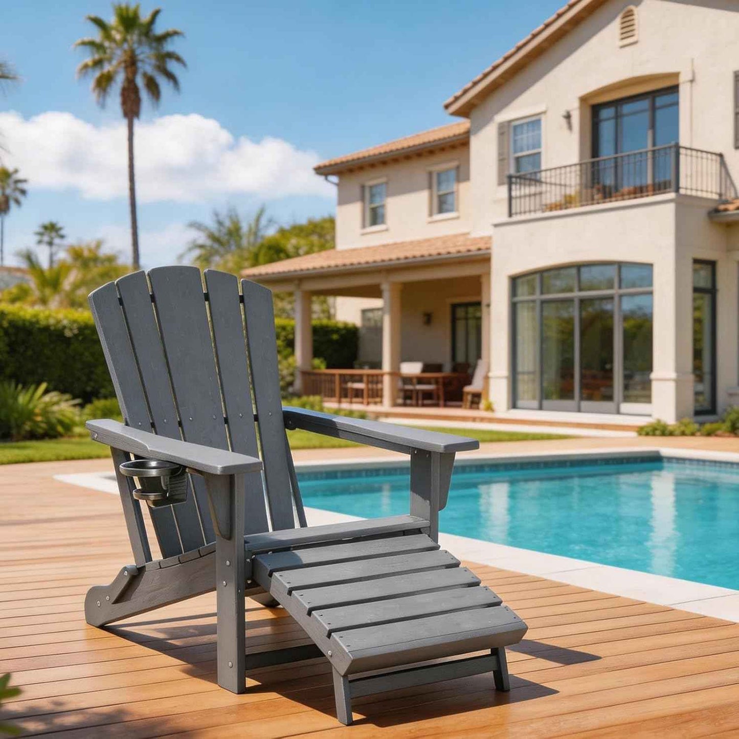 Folding Adirondack Chair with Retractable Ottoman,HDPE Outdoor Adirondack Chair with Cup Holder,All-Weather Lounge Chairs for Outside,Patio,Pool,Fire Pit,Grey