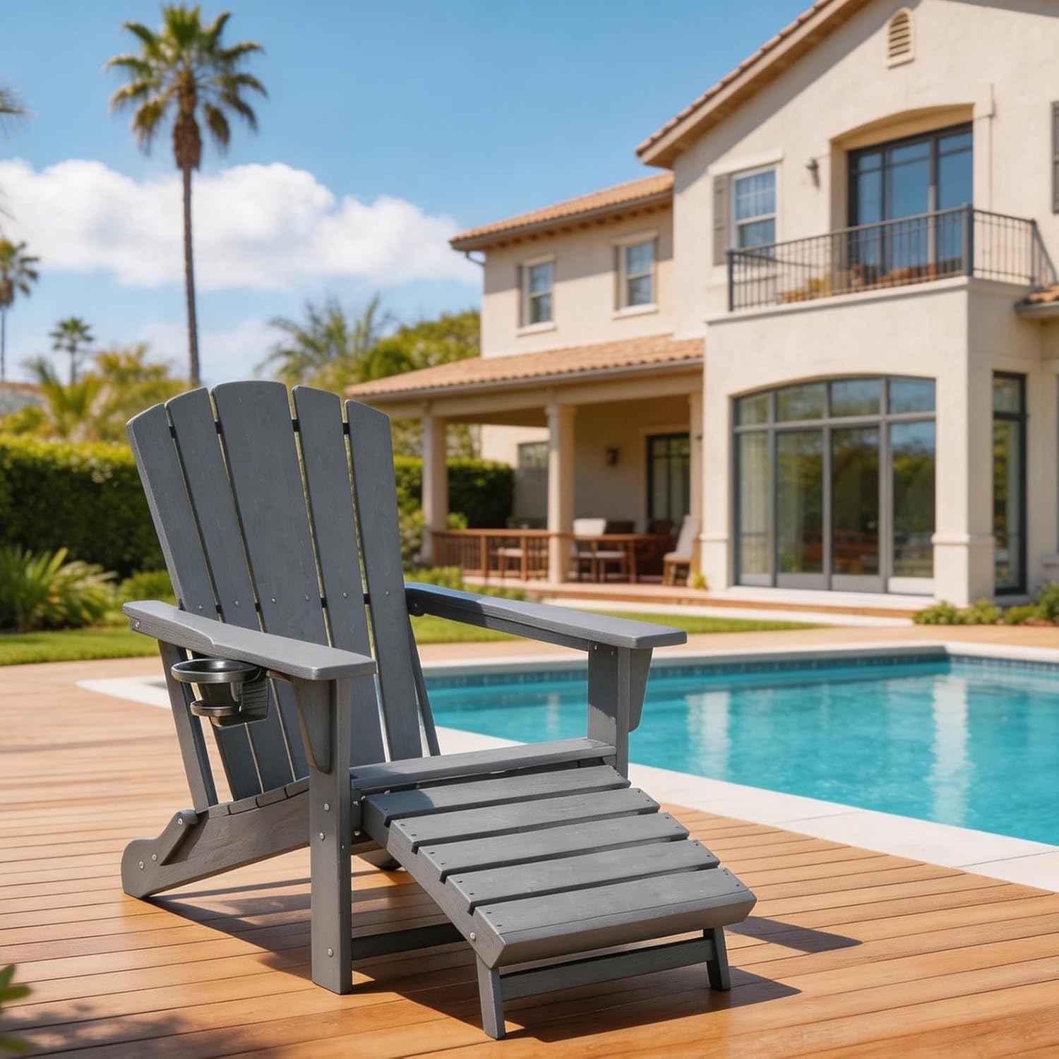 Folding Adirondack Chair with Retractable Ottoman,HDPE Outdoor Adirondack Chair with Cup Holder,All-Weather Lounge Chairs for Outside,Patio,Pool,Fire Pit,Grey