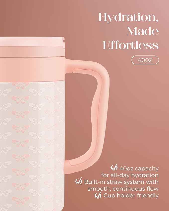 40 oz Insulated Tumbler with Handle and Push-Button Straw Lid, Stainless Steel Travel Cup for Gym Office, Leakproof, BPA-Free, Cup Holder Friendly, Bow Silicone Boot, Cream (Coquette Peachy)