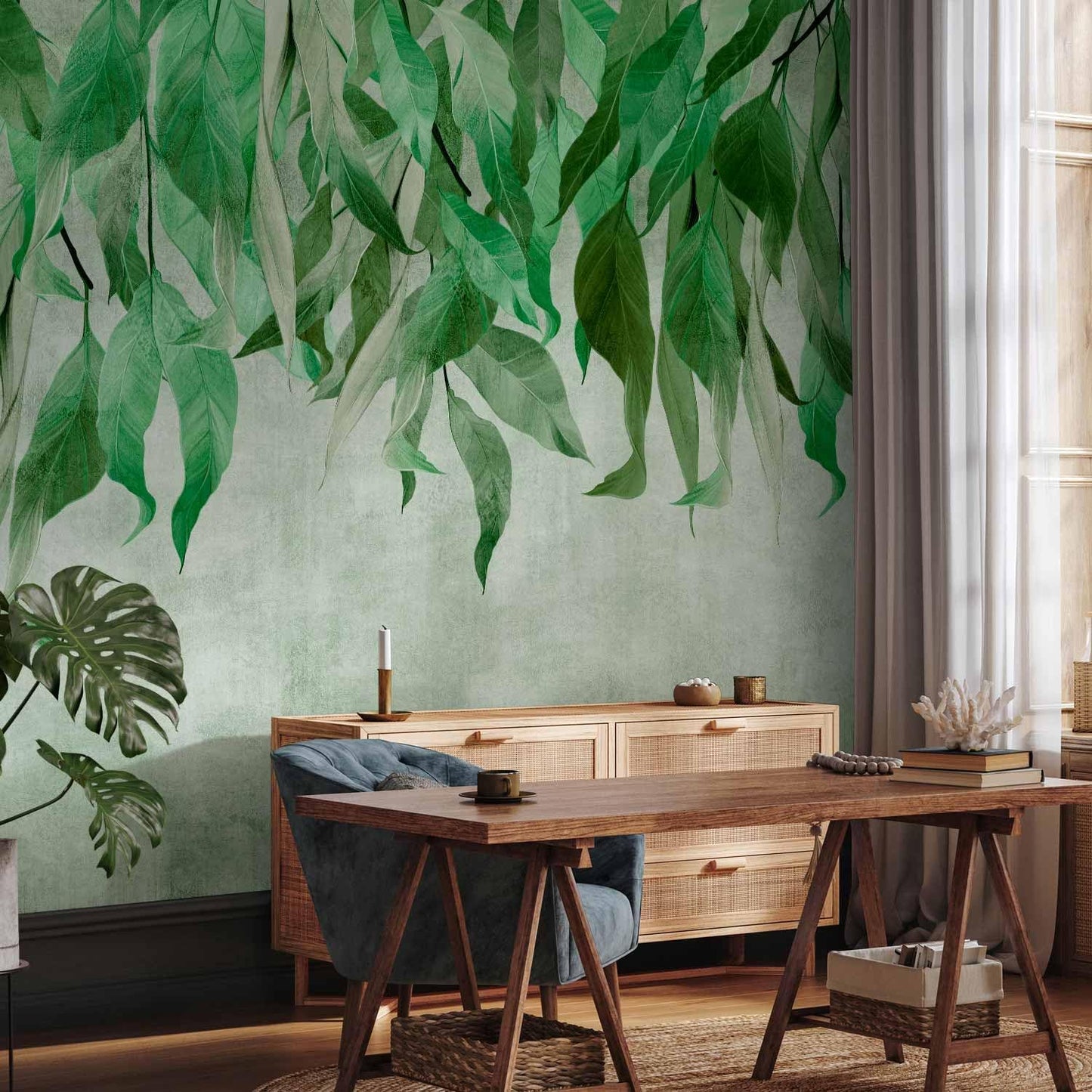 artgeist Wall Mural Hanging Leaves 197x138 in - Non-Woven Wallpaper Fleece Wall Decor Photo Print Picture Image Design Nature Botanical Concrete Green Like Painted b-C-10146-a-a