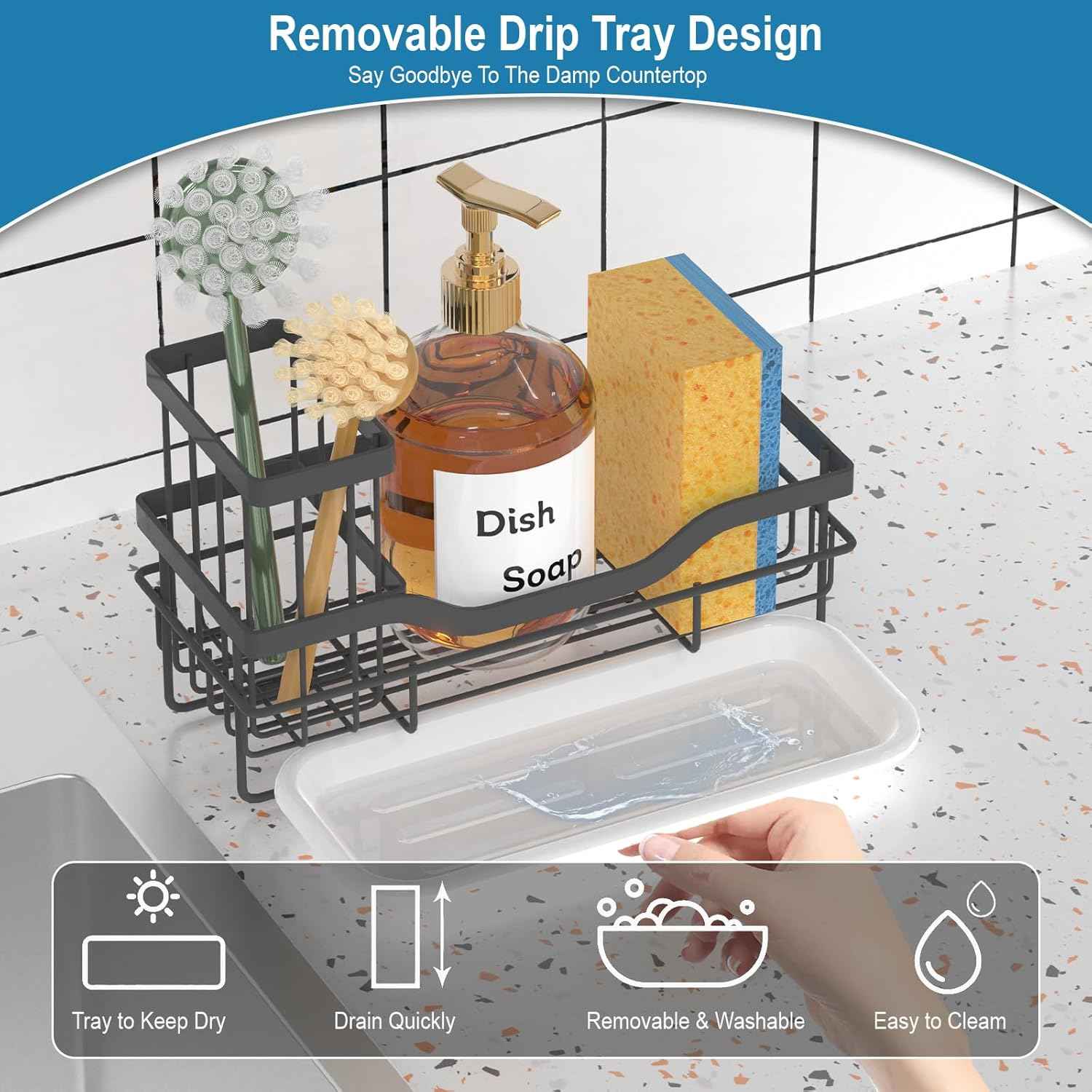 Sponge Holder for Kitchen Caddy Sink Organizer, Multifunctional Rustproof Dish Soap Sponge Caddy for Sink Counter with Detachable Brush Holder & Drain Tray - Storage Kitchen & Home Accessories