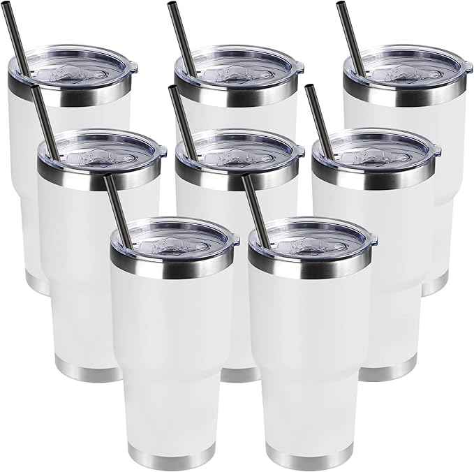 DOMICARE 30oz Tumbler Bulk with Lid and Straw, Double Wall Travel Coffee Mug, Insulated Vacuum Stainless Steel Tumblers, Powder Coated Tumbler Cup (White, 8)