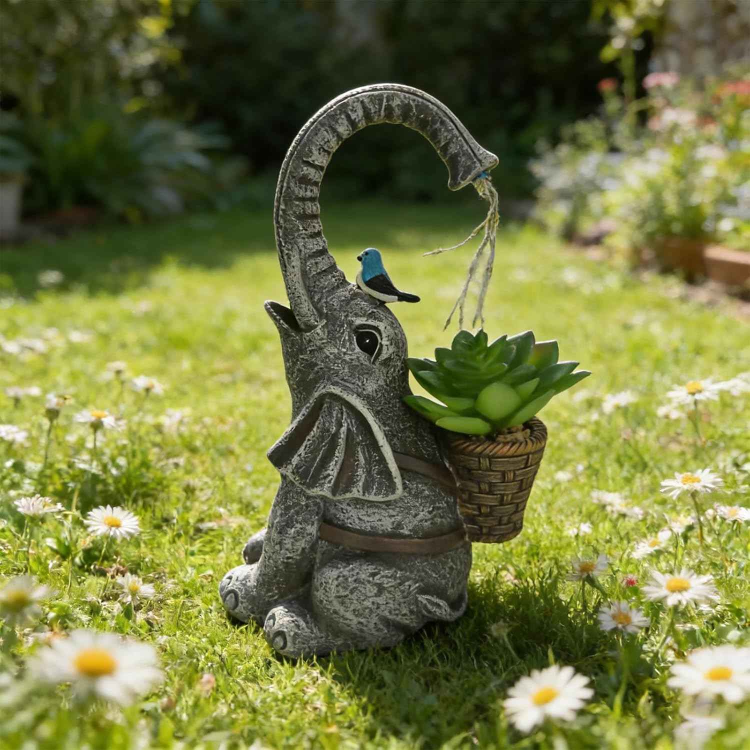 Solar Powered Garden Statue with LED Lights, Grey Stone Resin Elephant Planter, Decorative Outdoor Sculpture with Birds and Succulents,for Balcony, Garden, Patio, Yard, Lawn(Gray)