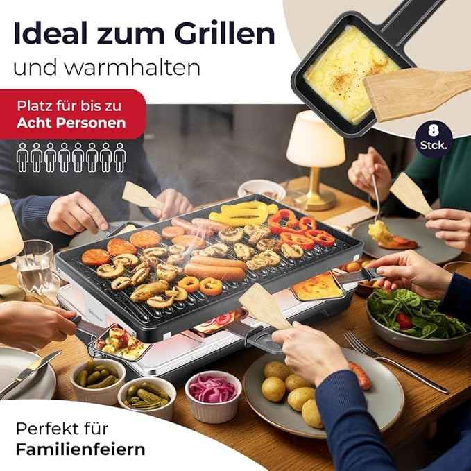 KESSER® Raclette Grill with Natural Grill Stone, Grill Plate Table Grill for 8 People, Electric Grill Raclette Grill with Non-Stick Coating, 8 Pans and Wooden Spatula 1200W (Black)