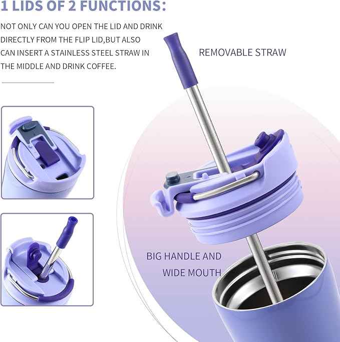 BOTTLE BOTTLE Coffee Tumbler with Dual-use Lid and Straw Double Walled Iced Travel Coffee Mug for Woman and Man 12 oz Stainless Steel Insulated Tumbler with Handle (purple)