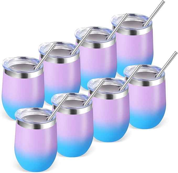 Volhoply 12oz Stainless Steel Wine Tumbler with Lid Bulk 8 Pack,Double Wall Vacuum Stemless Wine Glasses,Reusable Metal Travel Coffe Mug with Straw,Insulated Cups Gifts for Christmas（Lavender,8 Set）