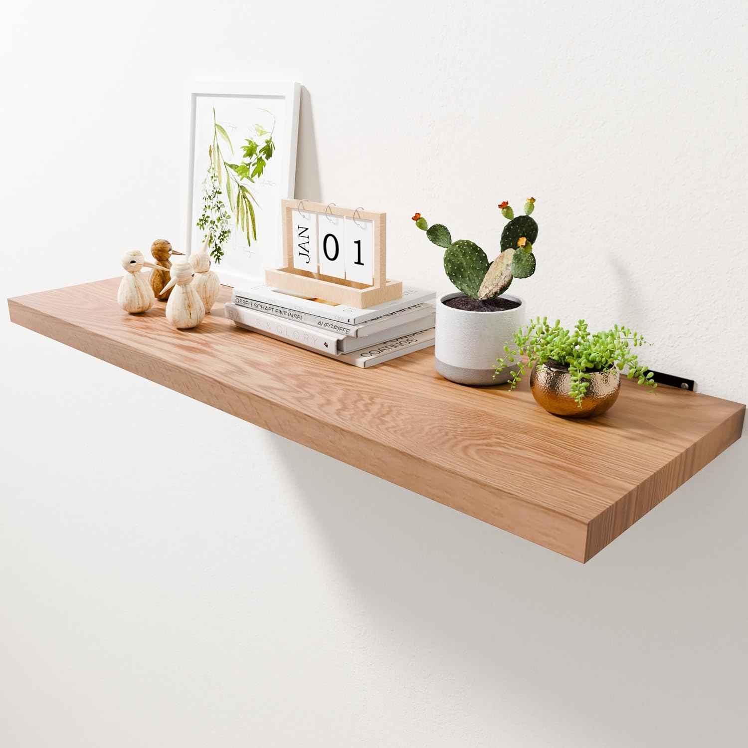 36 Inch Solid Oak Floating Shelves - Natural Wood 12 Inch Deep Wall Shelf, Rustic Display Shelf, Hanging Wall Shelf Decoration for Bedroom, Bathroom, Living Room