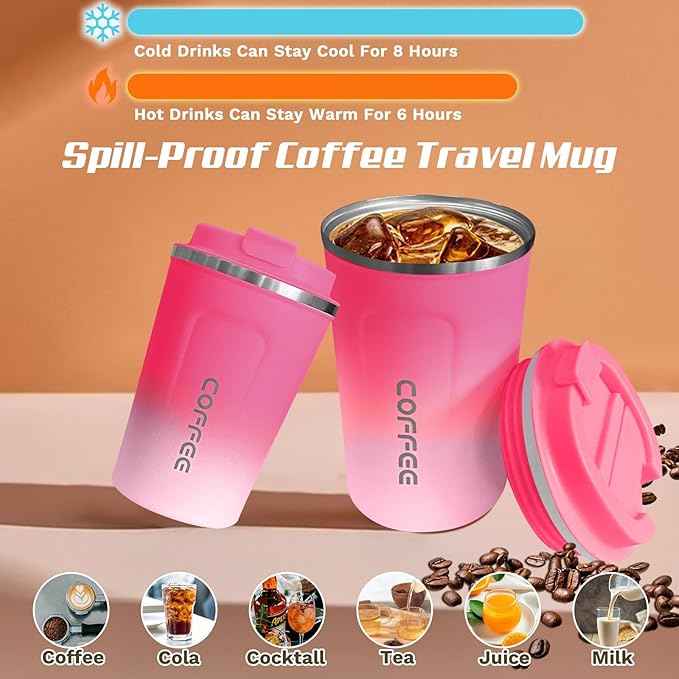 SPLMIFA Travel Coffee Mugs Leak-Proof, Reusable Coffee Cups with Lids, Stainless Steel Vacuum Insulated Coffee Tumblers, Thermal Insulation Cups for Men & Women Hot & Cold Drinks(2nd-Red White, 12OZ)