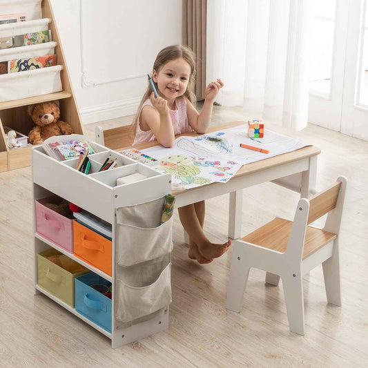 IKALIFE Kids Art Table and Chair - Toddler Craft Table and Chairs Set with 2 Chair & Bins, Large Storage Kids Activity Desk with Paper Roll for Playrooms & Classroom, 40" L x 20" W, Natural
