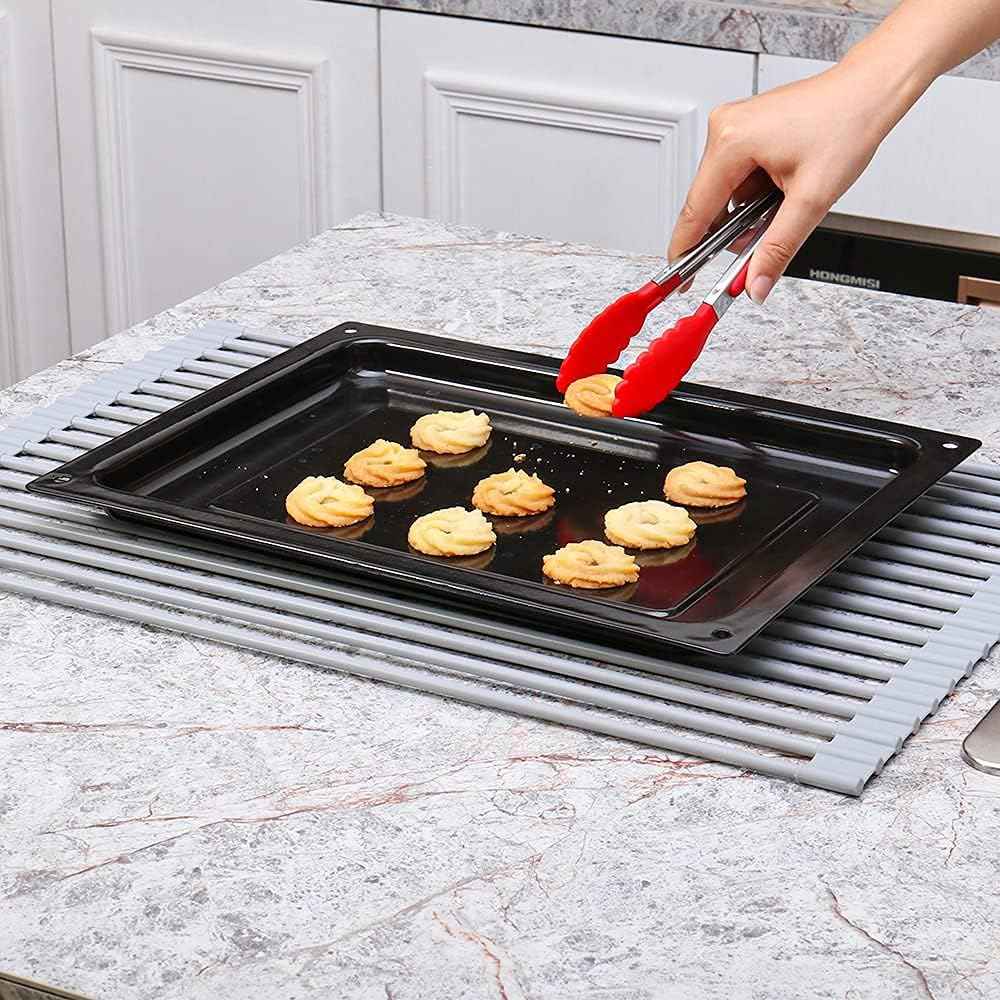 20.5 inches L x 13 inches W Roll-Up Dish Drying Rack Large Over The Sink , Heat-Resistant Anti-Slip Silicone Coated Stainless Steel Dish Drainer Multipurpose for Kitchen Counter, Gray
