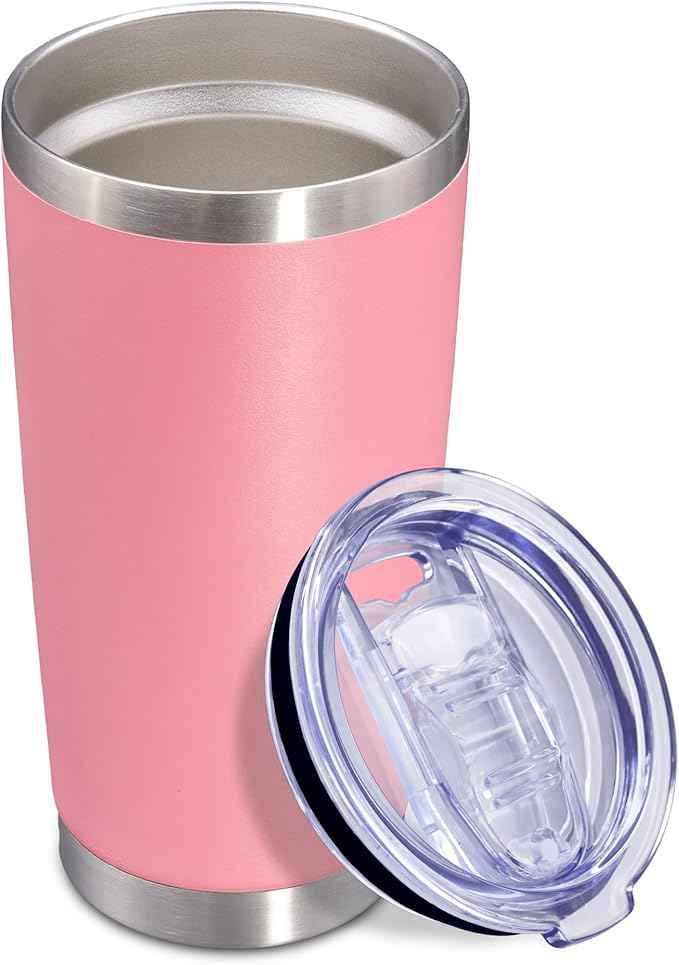 20 oz Tumbler Coffee Travel Tumblers Bulk with Lid Stainless Steel Double Wall Vacuum Insulated Mug Powder Coated Cups fit Car Cupholder for Hot and Cold - Pink, 1Pack